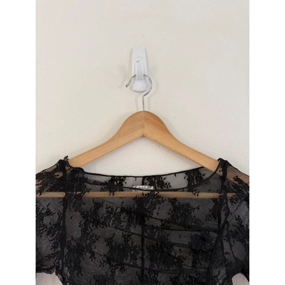 Intimately Free People Black Sheer Floral Lace Asymmetrical Ruched Top Small